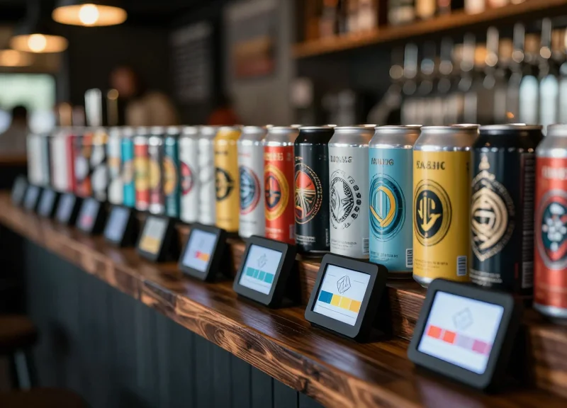 A close-up of colorful craft beer cans on a modern taproom shelf with sleek electronic shelf labels showing abstract digital patterns.