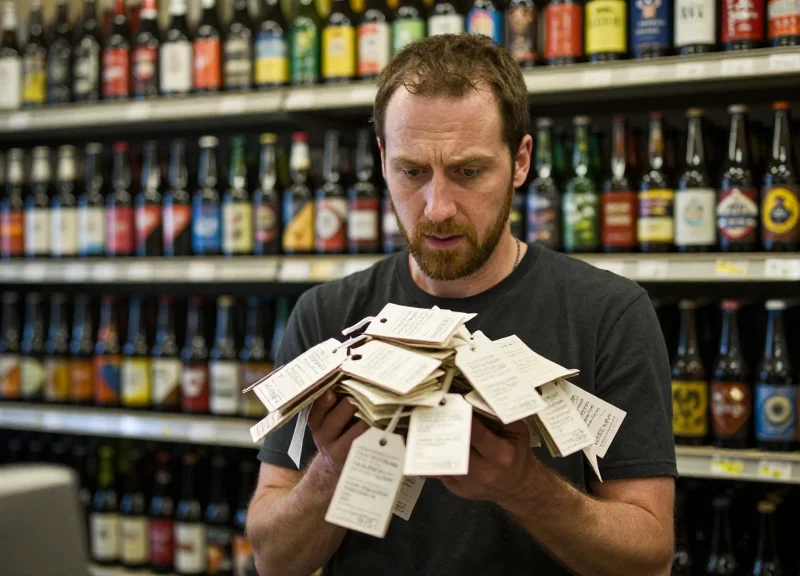 A store clerk looking frustrated while handling messy paper price tags in a craft beer shop