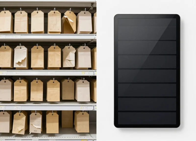 Comparison between old messy paper tags and modern electronic shelf labels