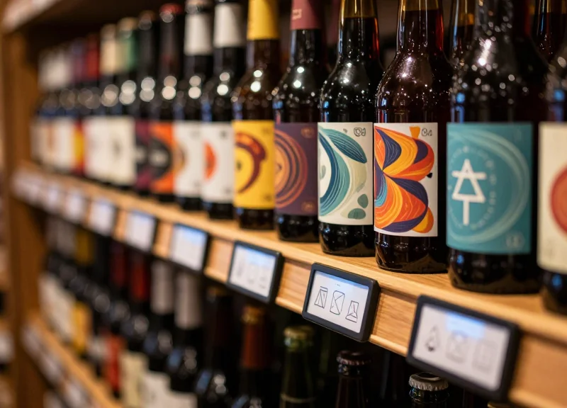 Close-up of a retail shelf in a craft beer shop featuring glass bottles and sleek electronic shelf labels on the edge.
