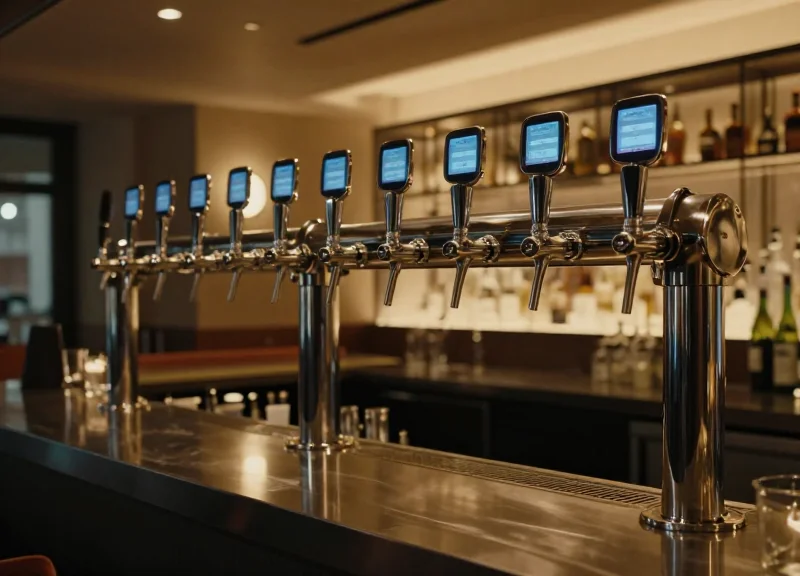 Modern taproom bar with electronic shelf labels attached to beer tap handles under warm ambient lighting.