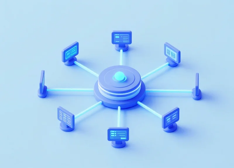 Isometric 3D illustration showing a server connecting to multiple digital tags representing data synchronization.