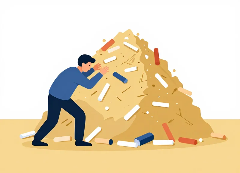 Flat vector illustration of a person overwhelmed by messy chalk and manual labor