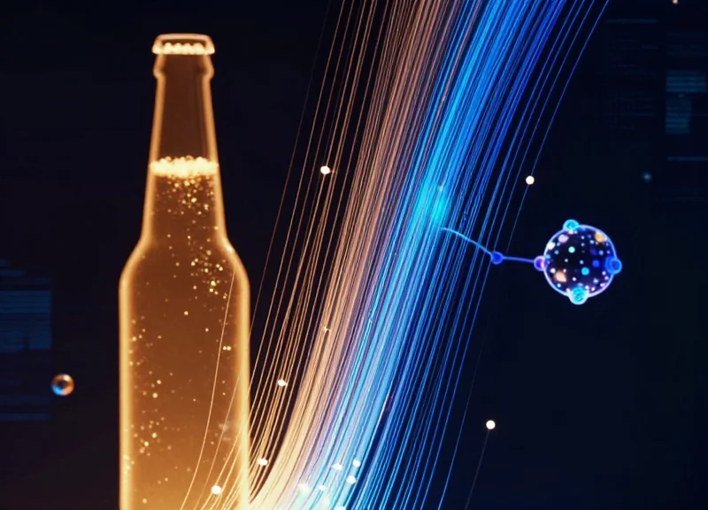 Abstract digital data streams flowing between a beer bottle and a price tag