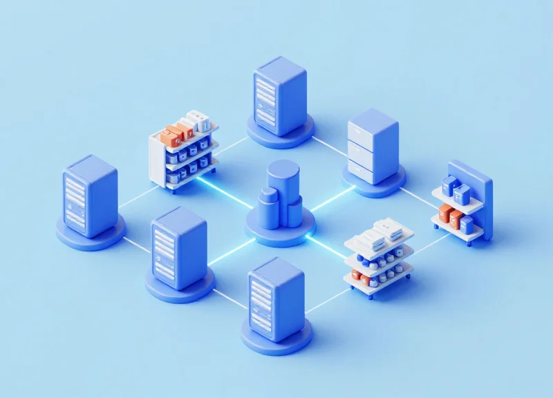 Isometric 3D view of a warehouse and retail shelf connected by digital lines
