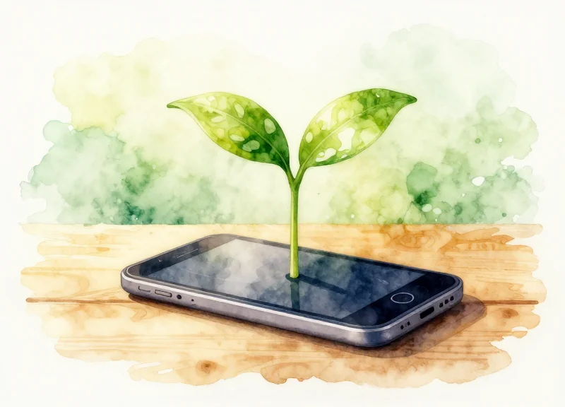 Watercolor painting of a green sprout emerging from a digital electronic device