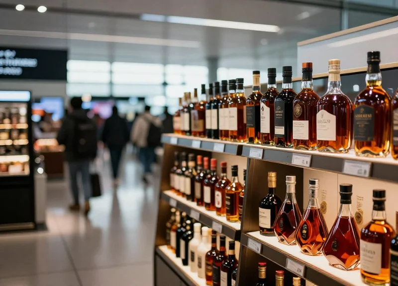 Luxury duty-free liquor boutique in a modern airport terminal featuring premium glass bottles on illuminated shelves.