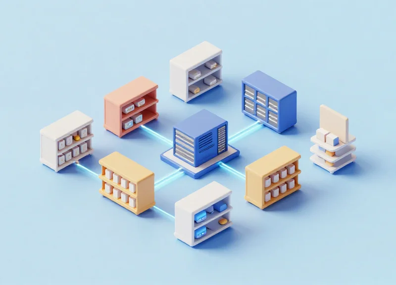 Isometric 3D model of a retail ecosystem showing data flow between shelves, servers, and checkout systems.