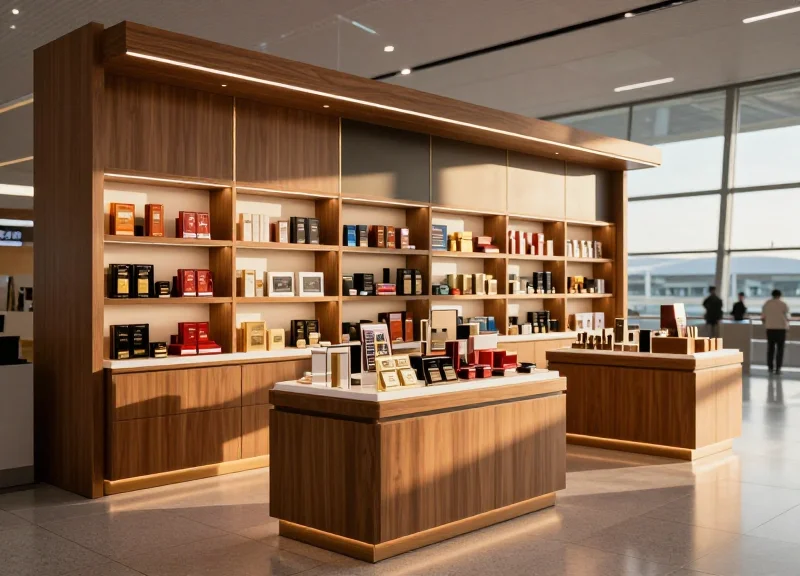 A luxury duty-free tobacco shop inside a modern airport terminal with high-end displays and warm lighting.