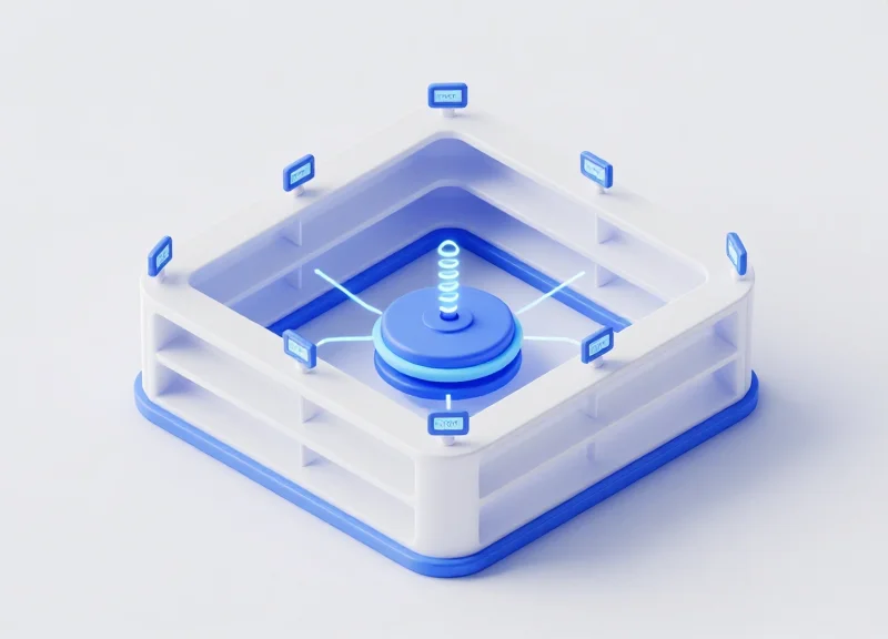 An isometric 3D illustration of electronic shelf labels on retail racks connected to a central wireless management system.