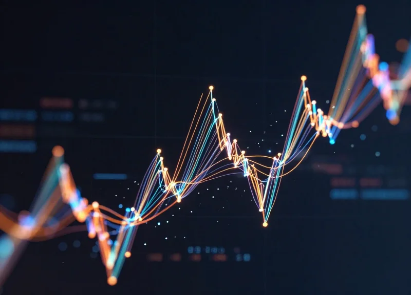 Abstract visualization of glowing currency symbols and digital data streams flowing through a network representing dynamic pricing.