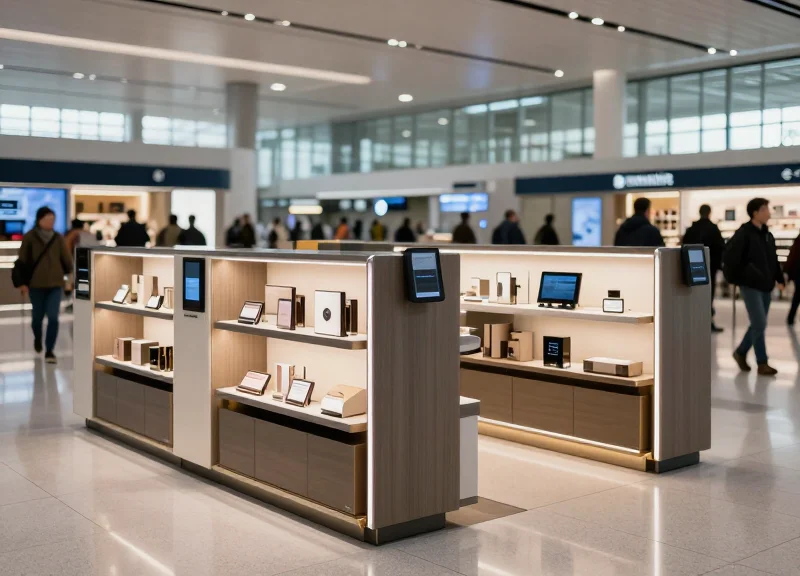 Modern airport duty-free retail store with electronic shelf labels showing prices and promotions.