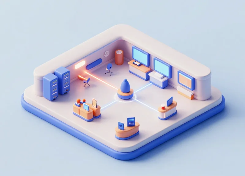 Isometric view of an airport terminal infrastructure with integrated network nodes.