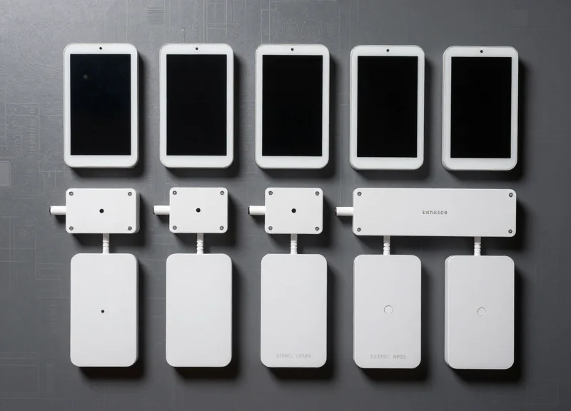 A collection of retail technology components including ESL tags and sensors.