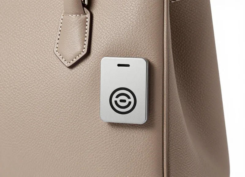 Close-up of a luxury leather bag with a small discrete RFID electronic security tag attached.