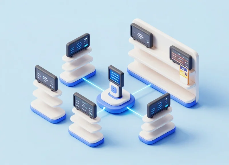 Isometric 3D illustration of an interconnected smart retail shelf system with RFID and ESL modules.