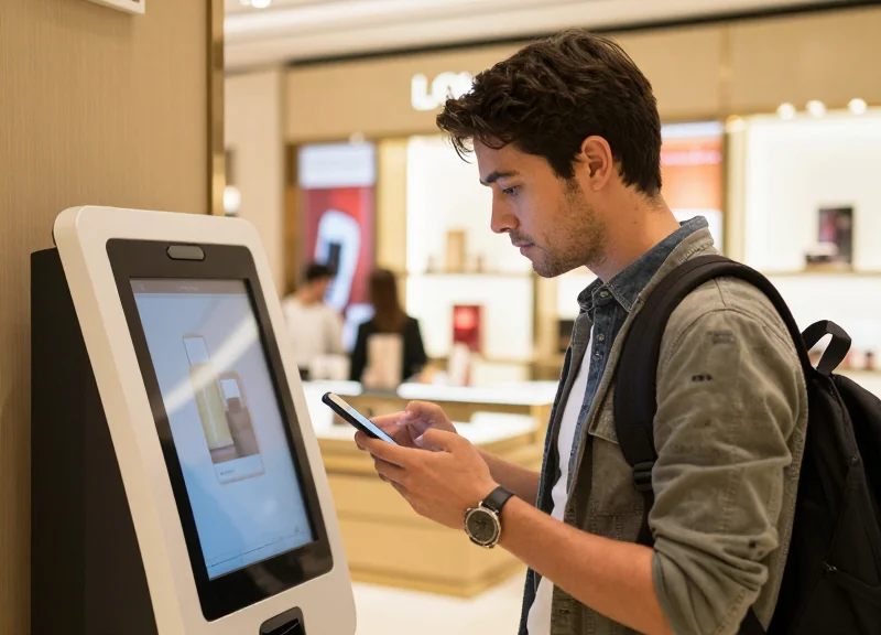A stylish customer in a duty-free shop using a smartphone to interact with a smart retail display.
