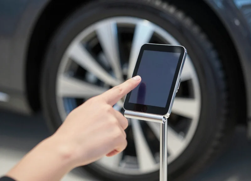 A close-up shot of a customer looking at a sleek digital pricing display next to a sports car in a high-end showroom.