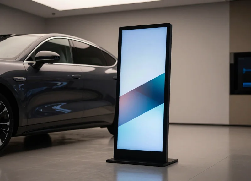 A sleek, modern digital price stand displaying abstract light graphics next to a luxury car in a high-end, minimalist auto showroom with cinematic lighting.