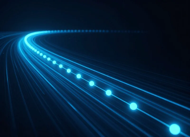 Abstract visualization of sales velocity and pricing accuracy with glowing light trails and data nodes.