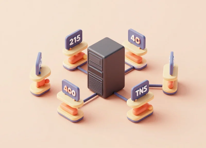 Isometric 3D view of a server synchronizing data with electronic shelf labels.