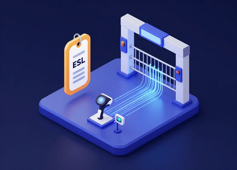 Isometric illustration of an integrated retail ecosystem with ESL, RFID, and EAS security gates.