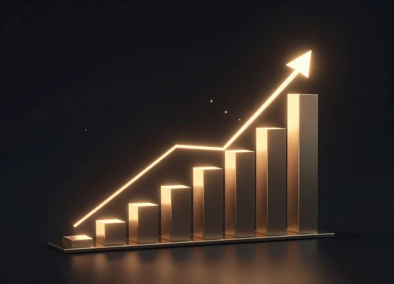 Abstract 3D bar chart showing measurable sales growth with glowing digital particles.