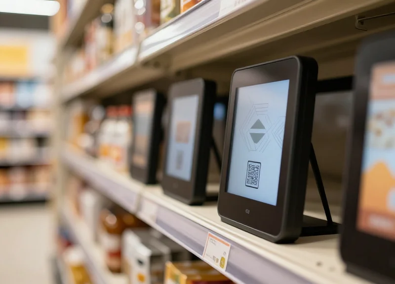 A close-up of sleek electronic shelf labels on a retail shelf in a modern, well-lit store, with a blurred shopping aisle in the background.