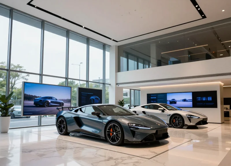 A futuristic automotive showroom in 2026 with sleek high-end cars and integrated digital wall displays under cinematic lighting.