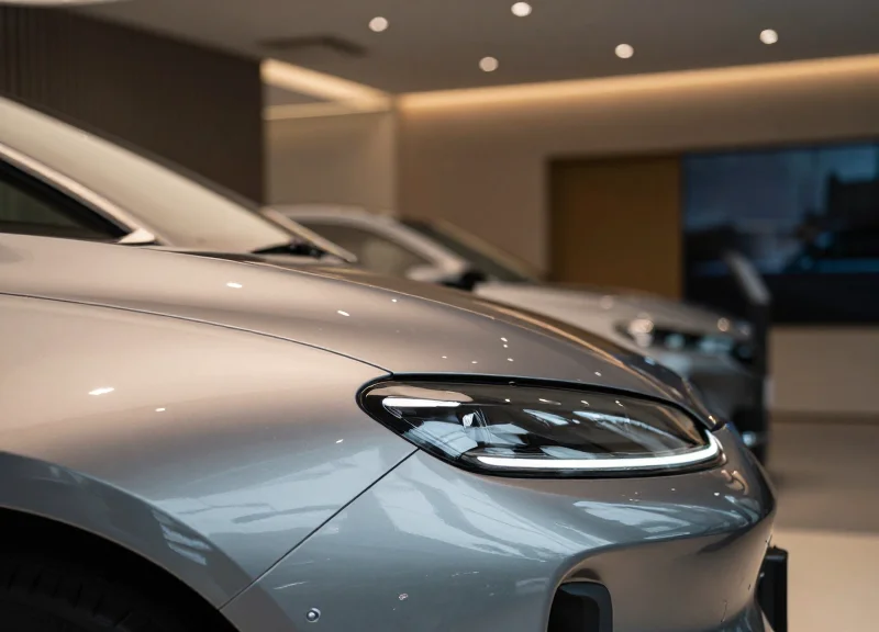 A detailed close-up of a luxury car's sleek metallic body in a high-end designer showroom with ambient lighting.