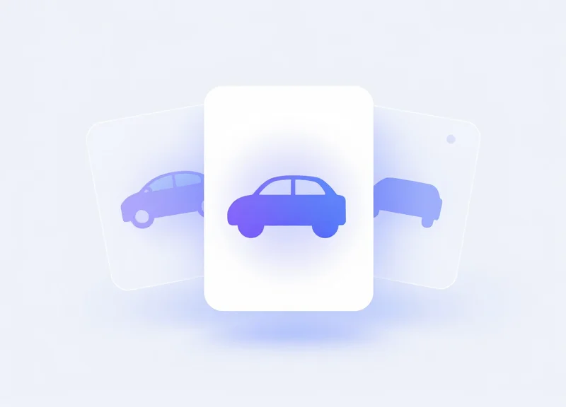 An abstract digital interface mockup with translucent cards and car icons representing an interactive specification dashboard.