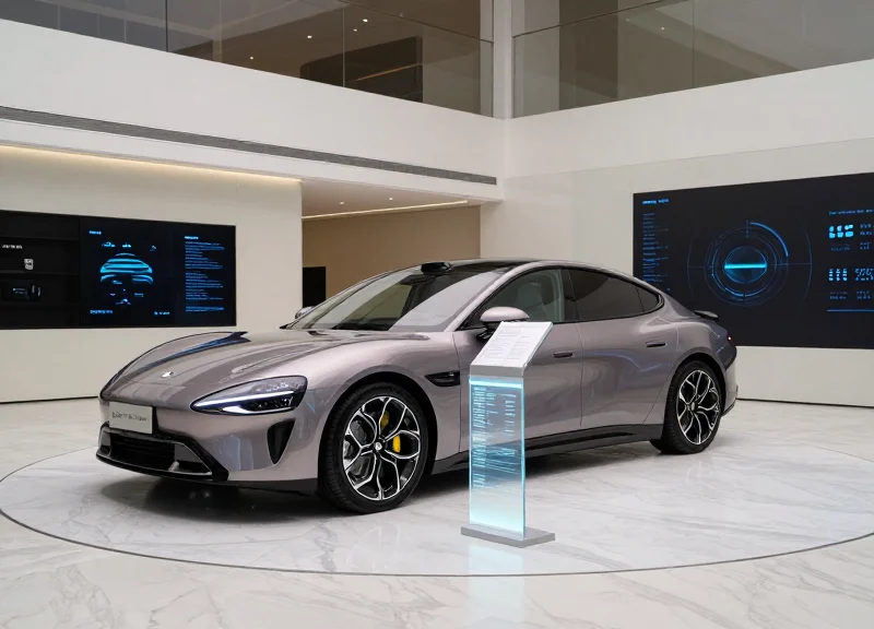 A sleek, ultra-modern car showroom featuring a luxury electric vehicle and a minimalist digital glass display stand with glowing abstract interfaces, replacing traditional paper signs.