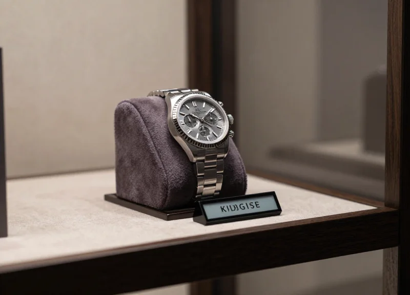 A luxury watch displayed next to a small electronic label in a high-end retail setting