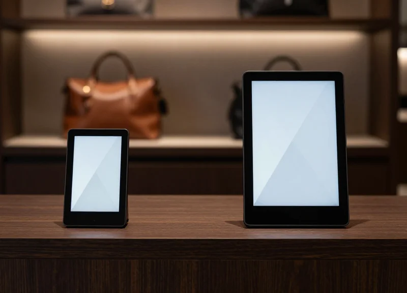 Two different sized electronic shelf labels side-by-side on a premium dark wood shelf within a high-end boutique setting, showing the scale difference.