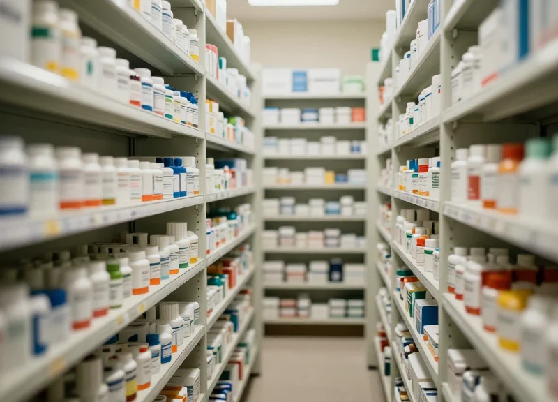 A professional pharmacy storage area with high-density shelving units and numerous small medication bins.
