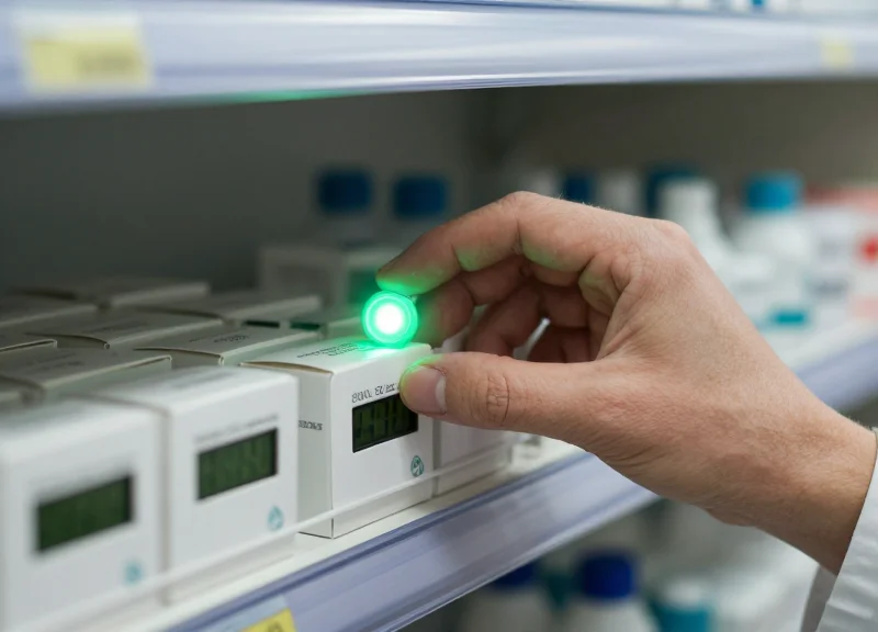 A hand reaching for a medication bin guided by a glowing green LED light on a miniature label.