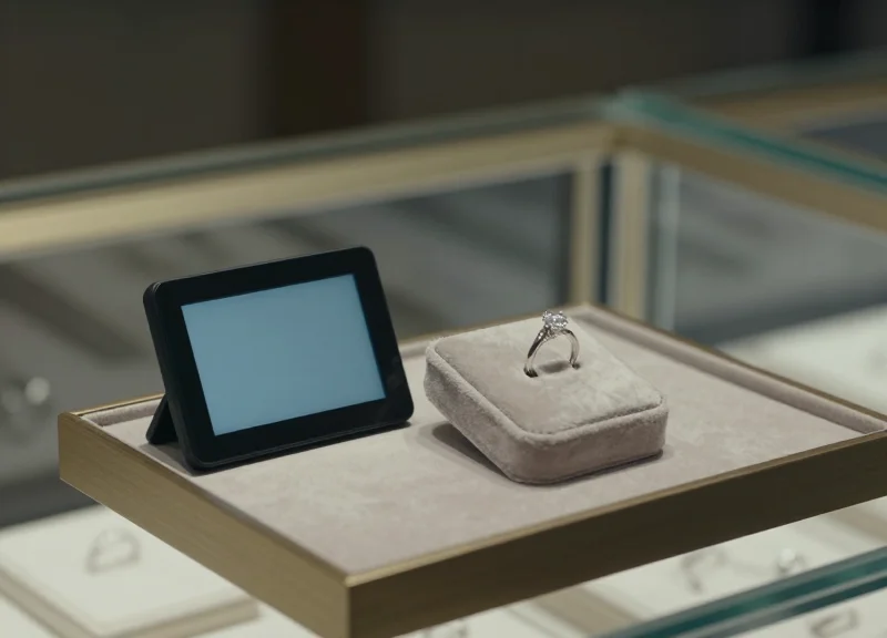 A small 2.13-inch electronic shelf label placed elegantly next to a diamond ring in a luxury jewelry display case.