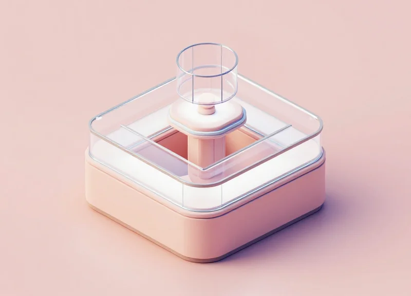 An isometric 3D model showing a multi-tiered glass jewelry counter with several shelf levels.