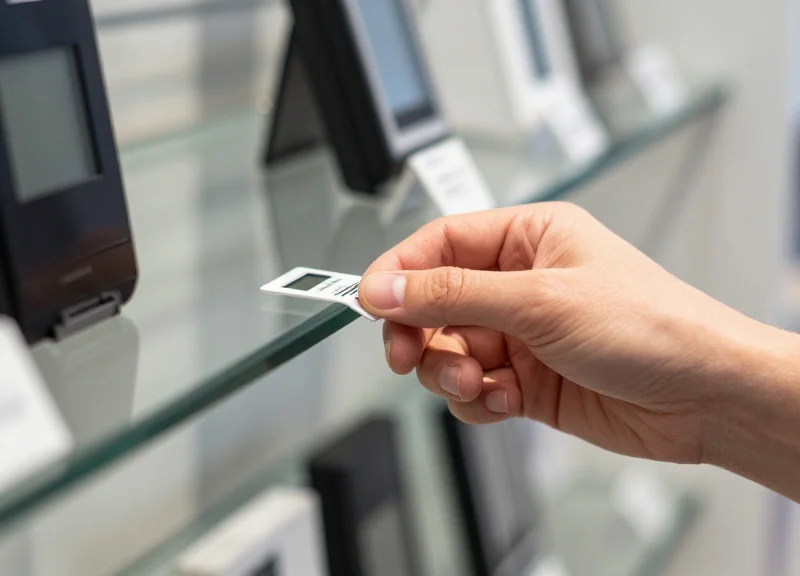 A close-up view of a technician's hand installing a digital label on the edge of a jewelry counter shelf.
