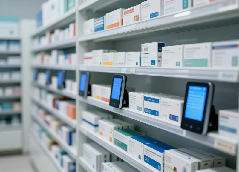 A modern pharmacy setting with high-tech digital displays on medicine shelves.