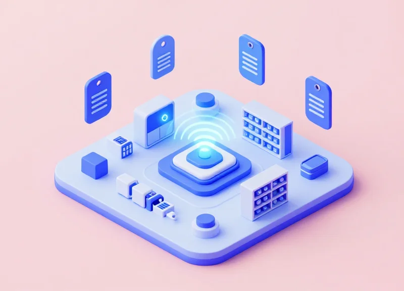 Isometric 3D model showing the technical connection between digital tags and a central tracking system.