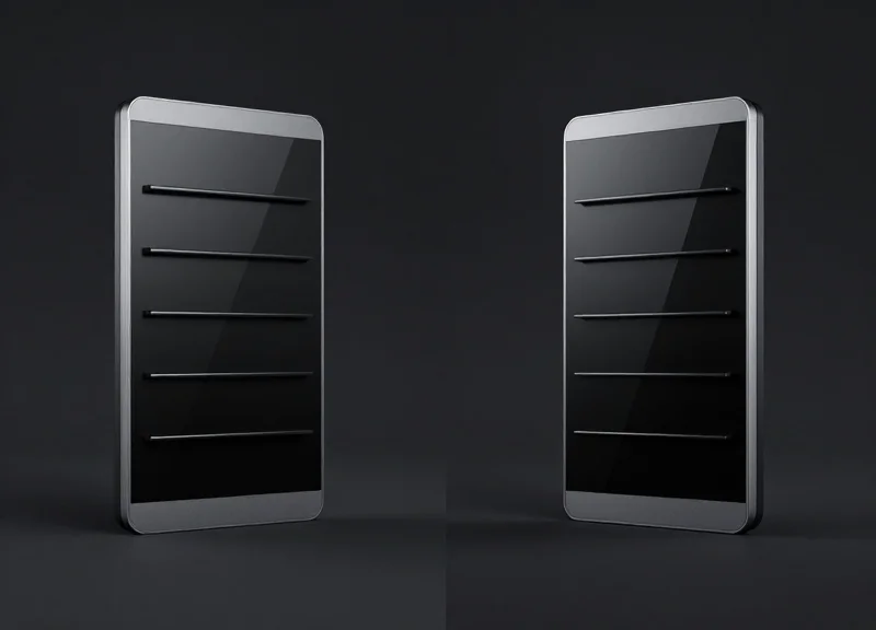Two electronic shelf labels of slightly different sizes placed side by side on a minimalist dark background to show scale.