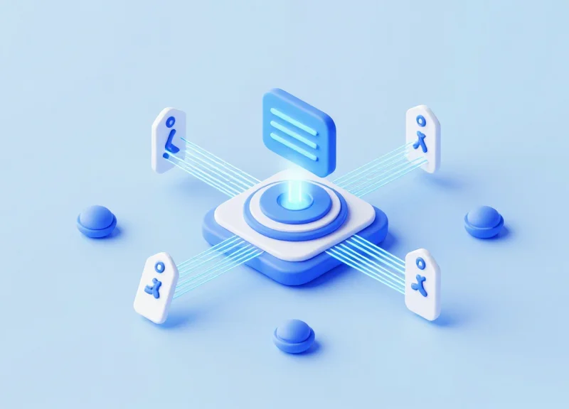 An isometric 3D model of a retail network where digital labels are connected to a central server by light trails.