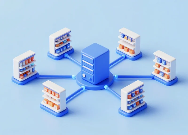 Isometric 3D model of a cloud-connected retail system