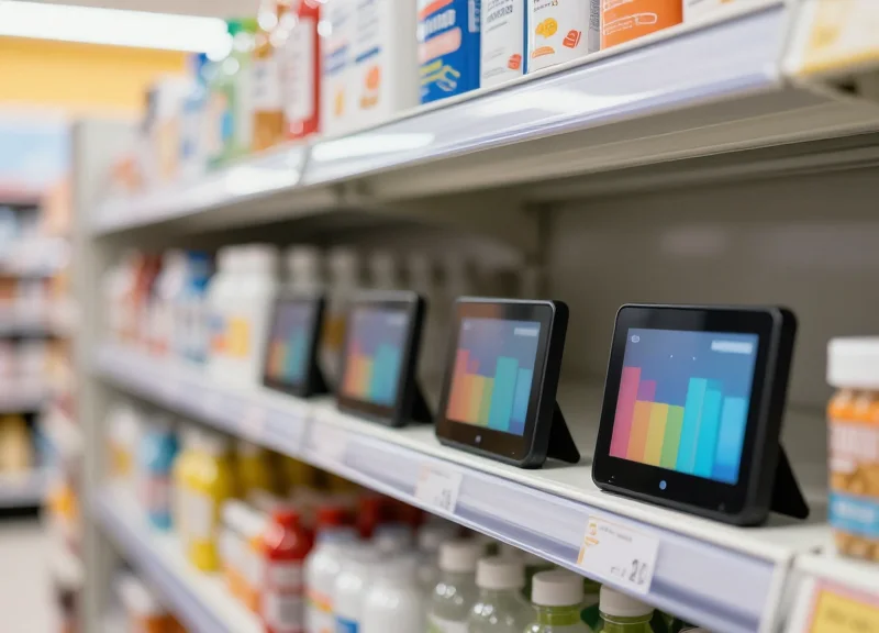 A close-up photorealistic shot of a clean, organized convenience store shelf equipped with sleek electronic shelf labels under bright, modern retail lighting.
