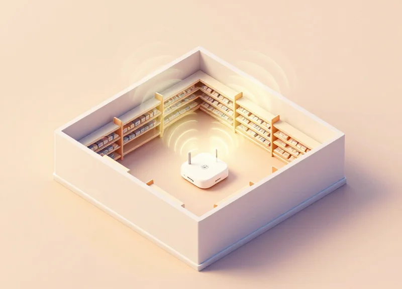 Microscopic view of a store floor plan with wireless gateways emitting signal waves to labels.