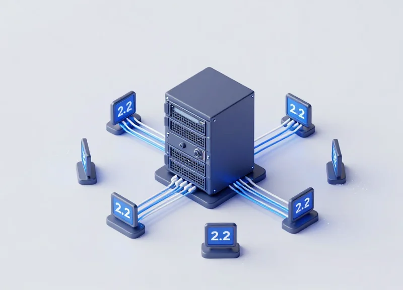 Isometric 3D illustration showing a central data hub connected to multiple small digital shelf labels by glowing light paths, representing a high-speed ERP integration.