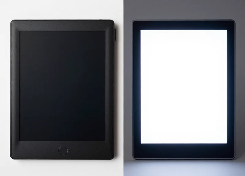 Side-by-side comparison of a paper-like e-ink screen and a glowing LCD screen.