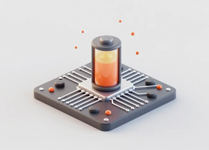 Isometric view of internal hardware components and a battery symbolizing longevity