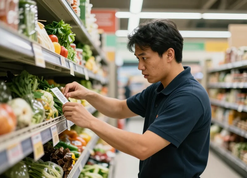 A grocery store worker looking stressed while manually replacing small paper price tags on fresh produce shelves.